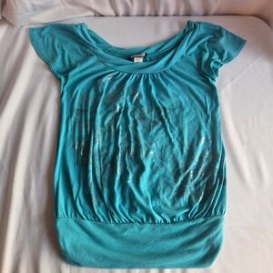 Hiatus Maternity Turquoise Blue Silver Foil Graphic Banded Hem‎ Large T113993C15